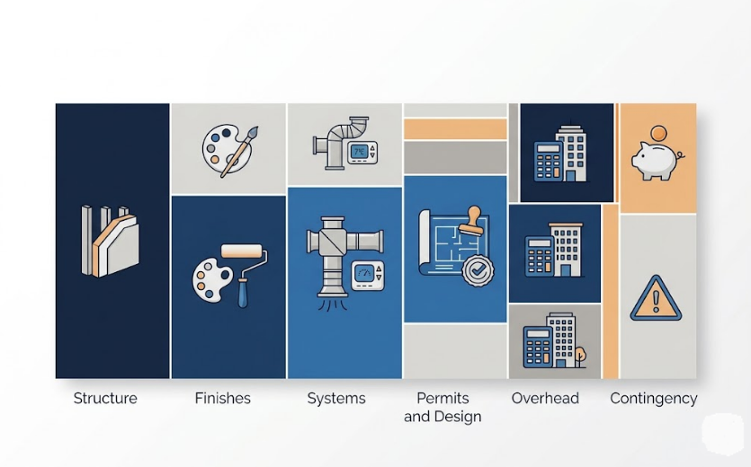 Cost breakdown chart for labor materials systems permits and contingency in a home addition project