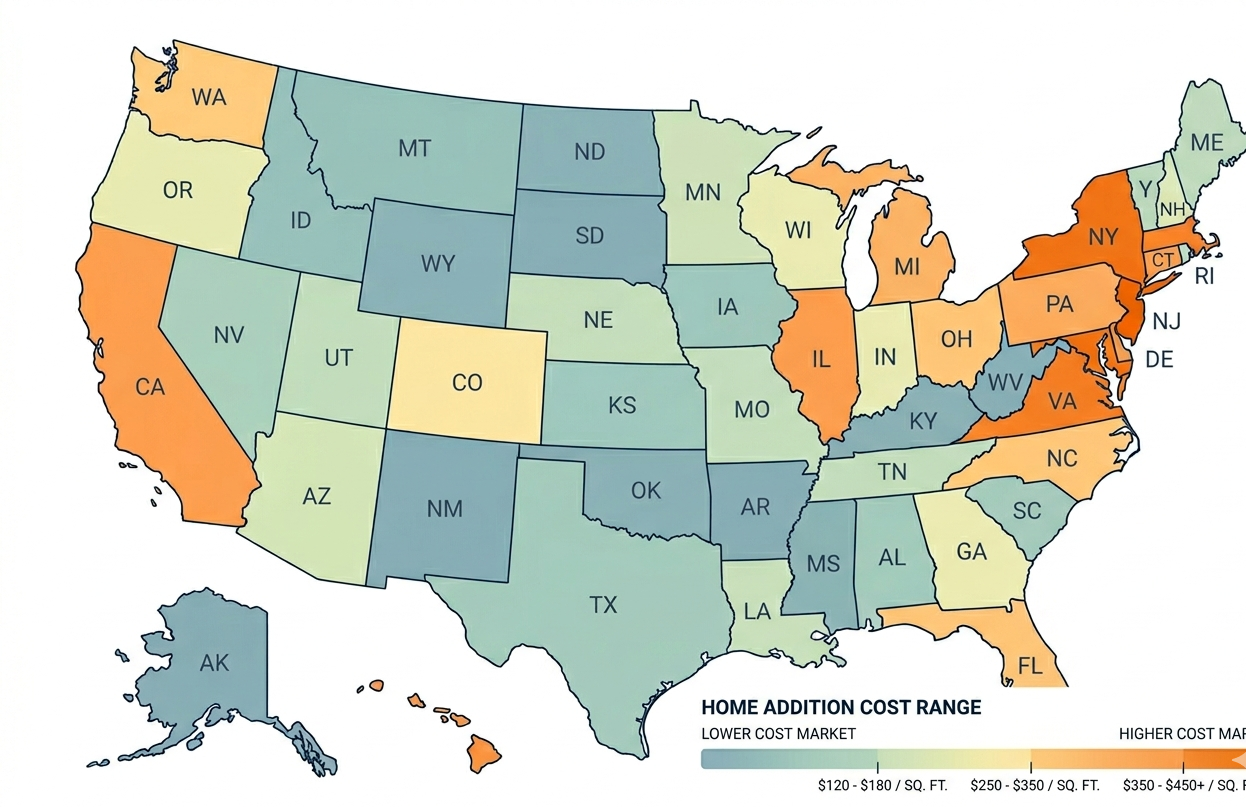 Home addition cost by state map for U.S. homeowners comparing planning ranges
