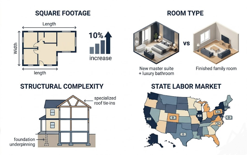 Visual showing the biggest home addition cost drivers including size room type structure and state labor market