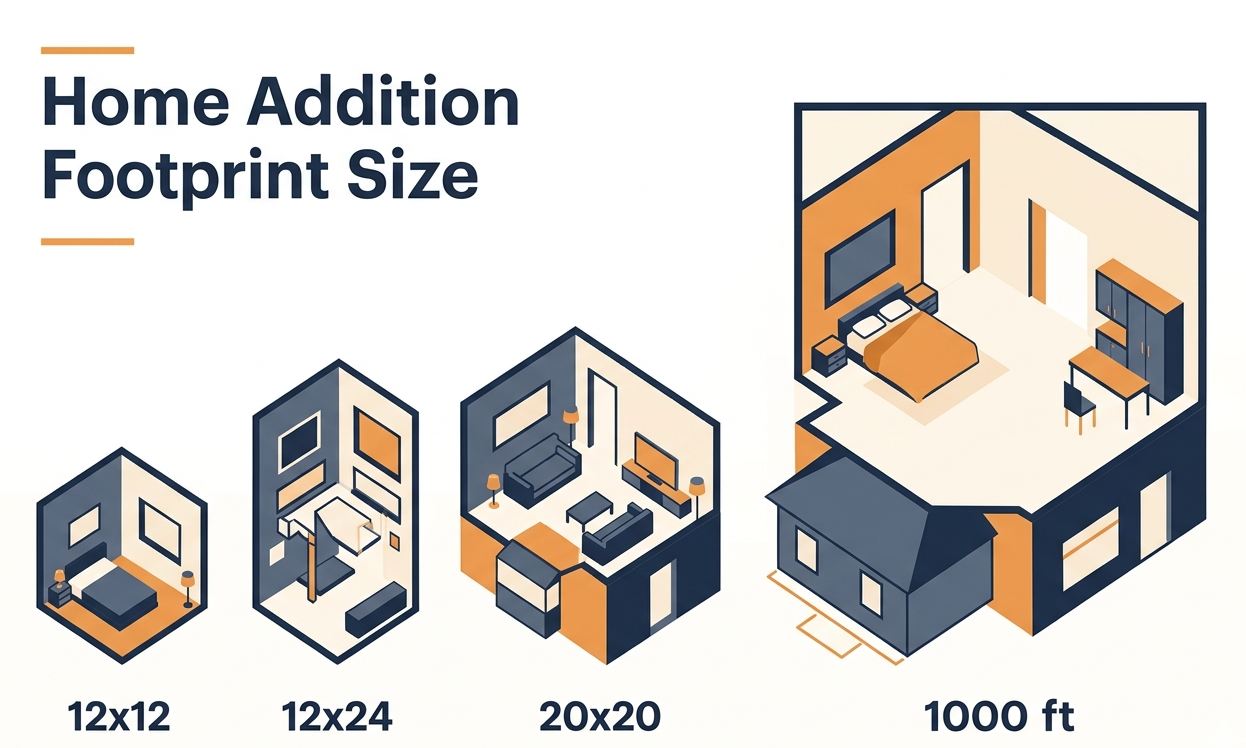 Size comparison chart for 12x12 12x24 20x20 and 1000 square foot home additions