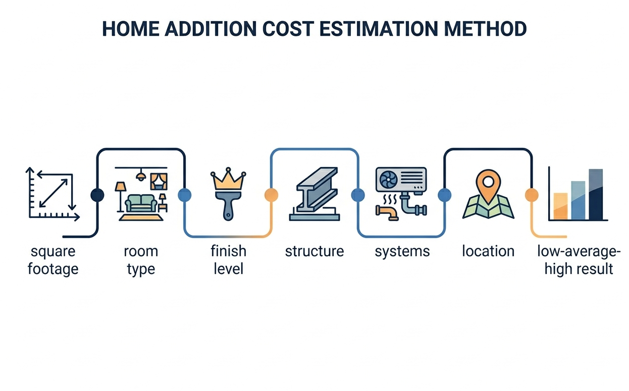 Diagram showing how home addition cost is calculated from size type finish level and location